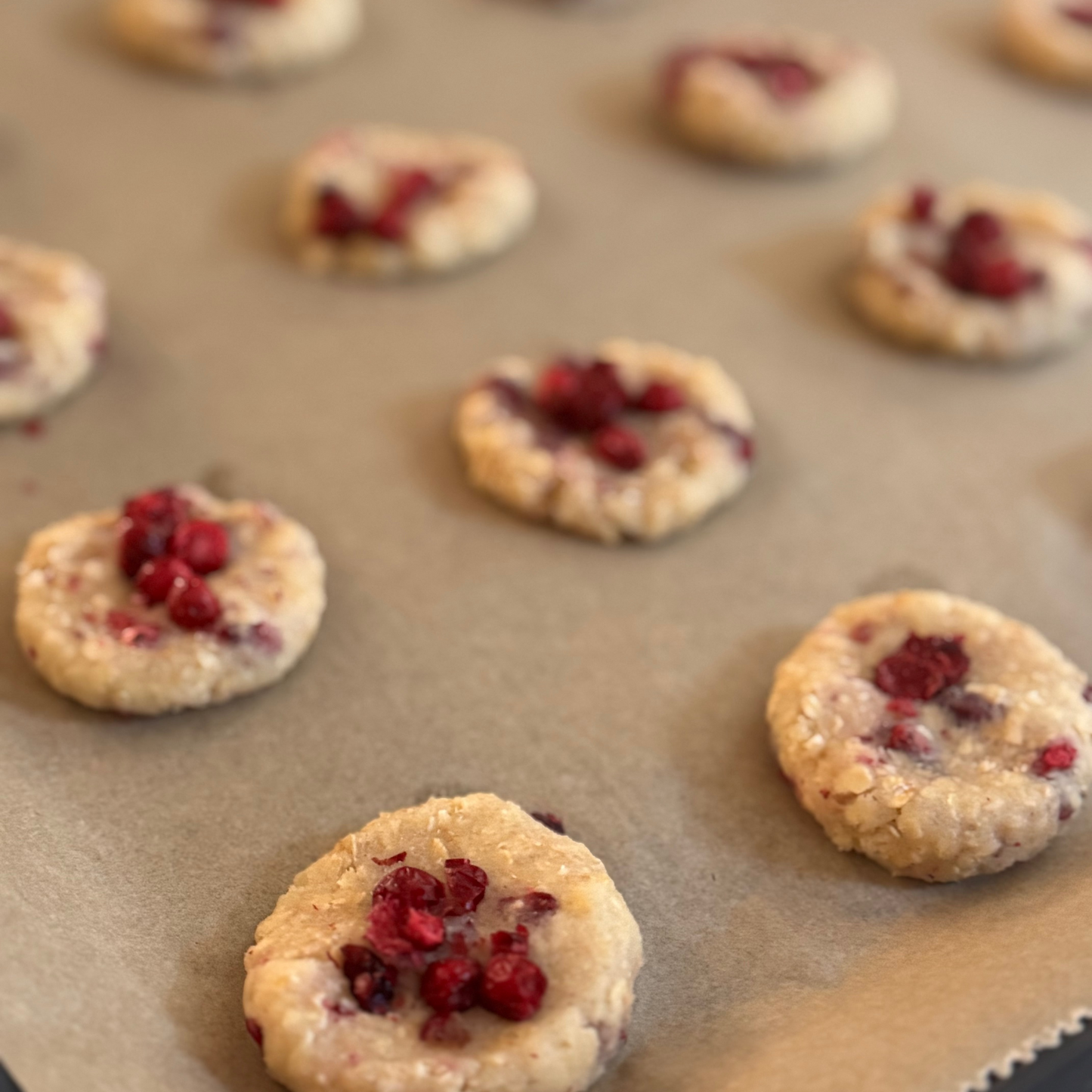 Kekse mit Cranberries auf einem Backblech