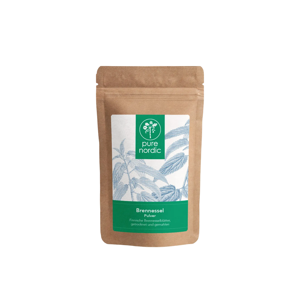 Eine Tüte mit Pure Nordic Brennnesselpulver.