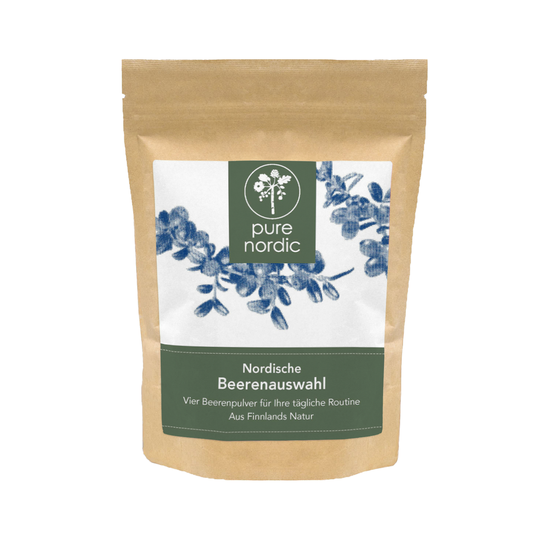 Pure Nordic Beerenpulvermischung aus finnischen Superfoods im nachhaltigen Standbeutel.