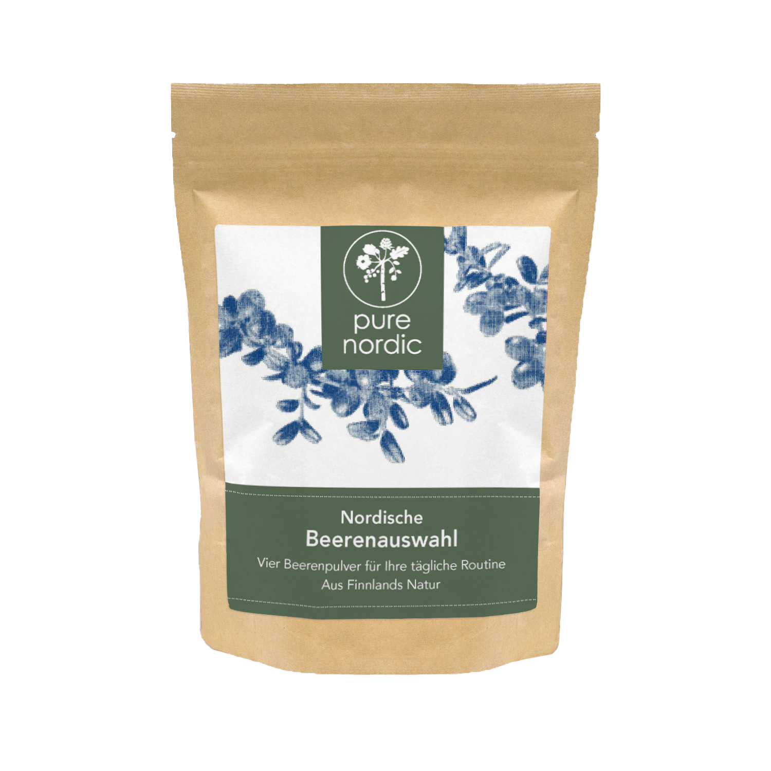Pure Nordic Beerenpulvermischung aus finnischen Superfoods im nachhaltigen Standbeutel.