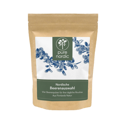 Pure Nordic Beerenpulvermischung aus finnischen Superfoods im nachhaltigen Standbeutel.