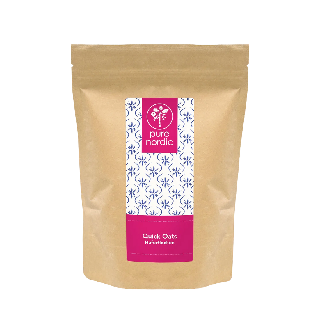 Eine Tüte mit Pure Nordic Quick Oats Haferflocken.