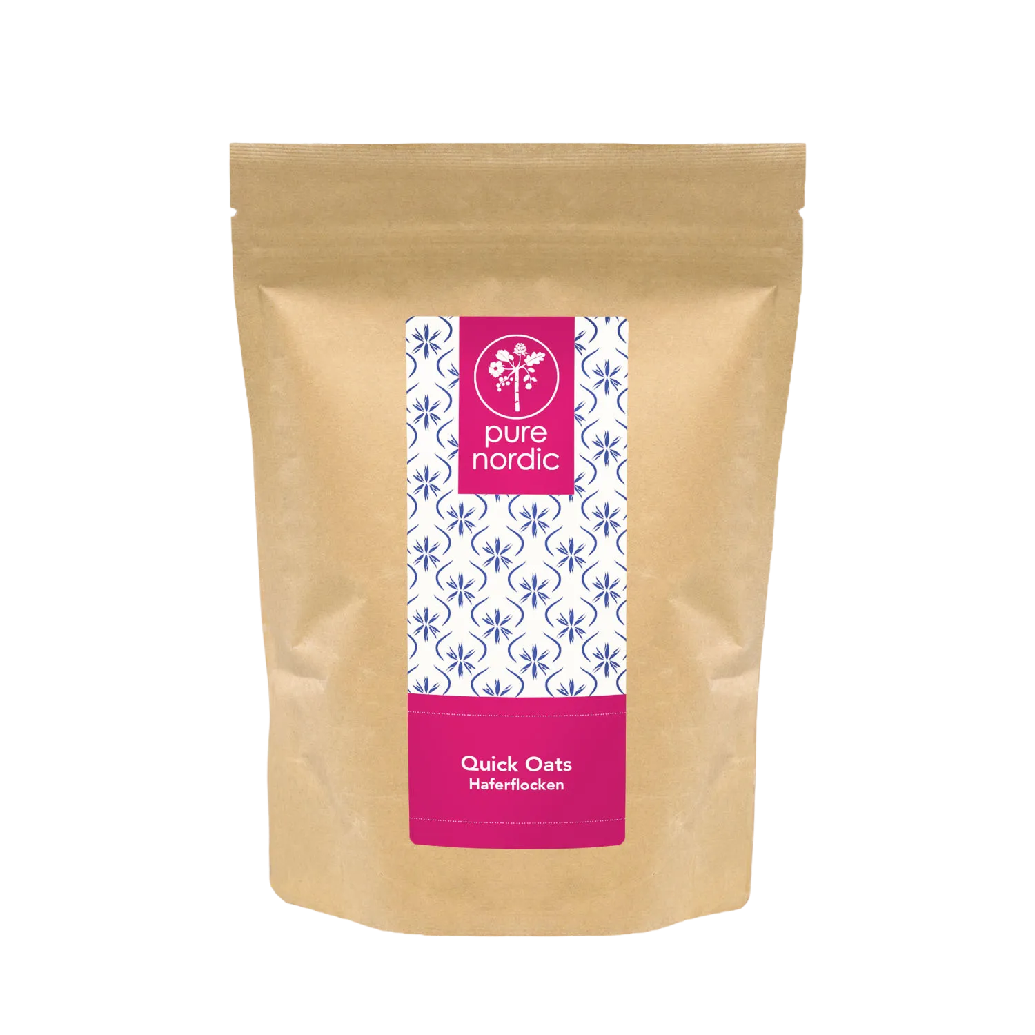 Eine Tüte mit Pure Nordic Quick Oats Haferflocken.