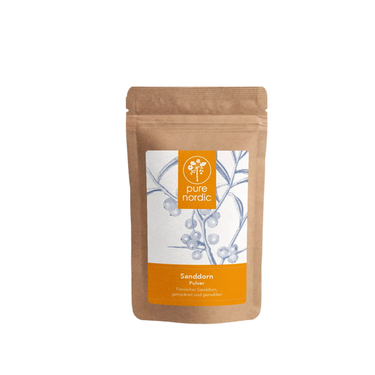 Eine Tüte mit Pure Nordic Sanddornpulver.