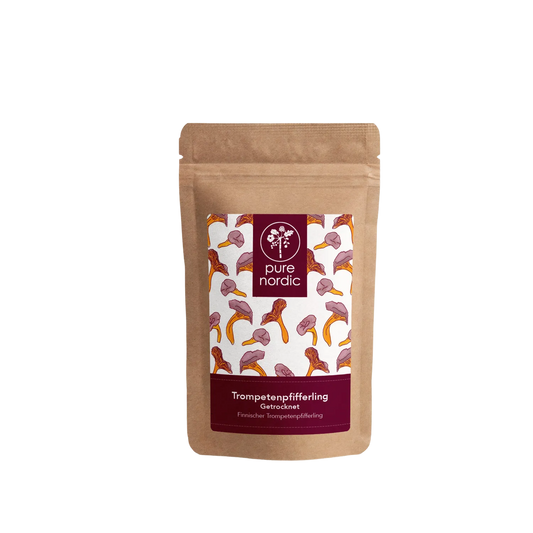 Verpackung mit getrockneten Trompetenpfifferling aus Finnland von Pure Nordic
