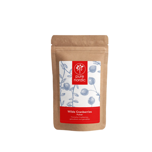 Eine Tüte mit Pure Nordic Cranberrypulver.