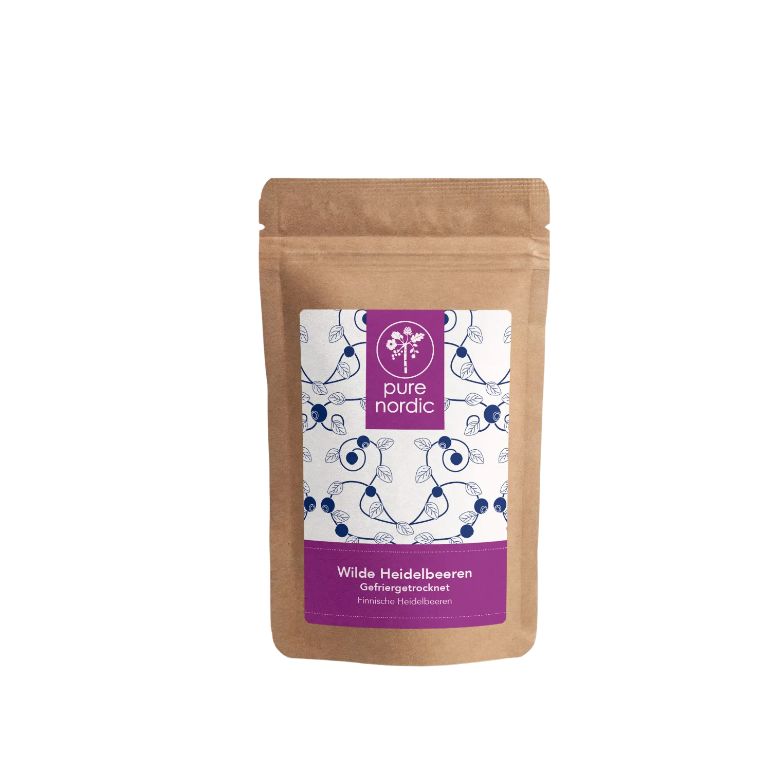Eine Tüte mit Pure Nordic gefriergetrockneten Heidelbeeren.