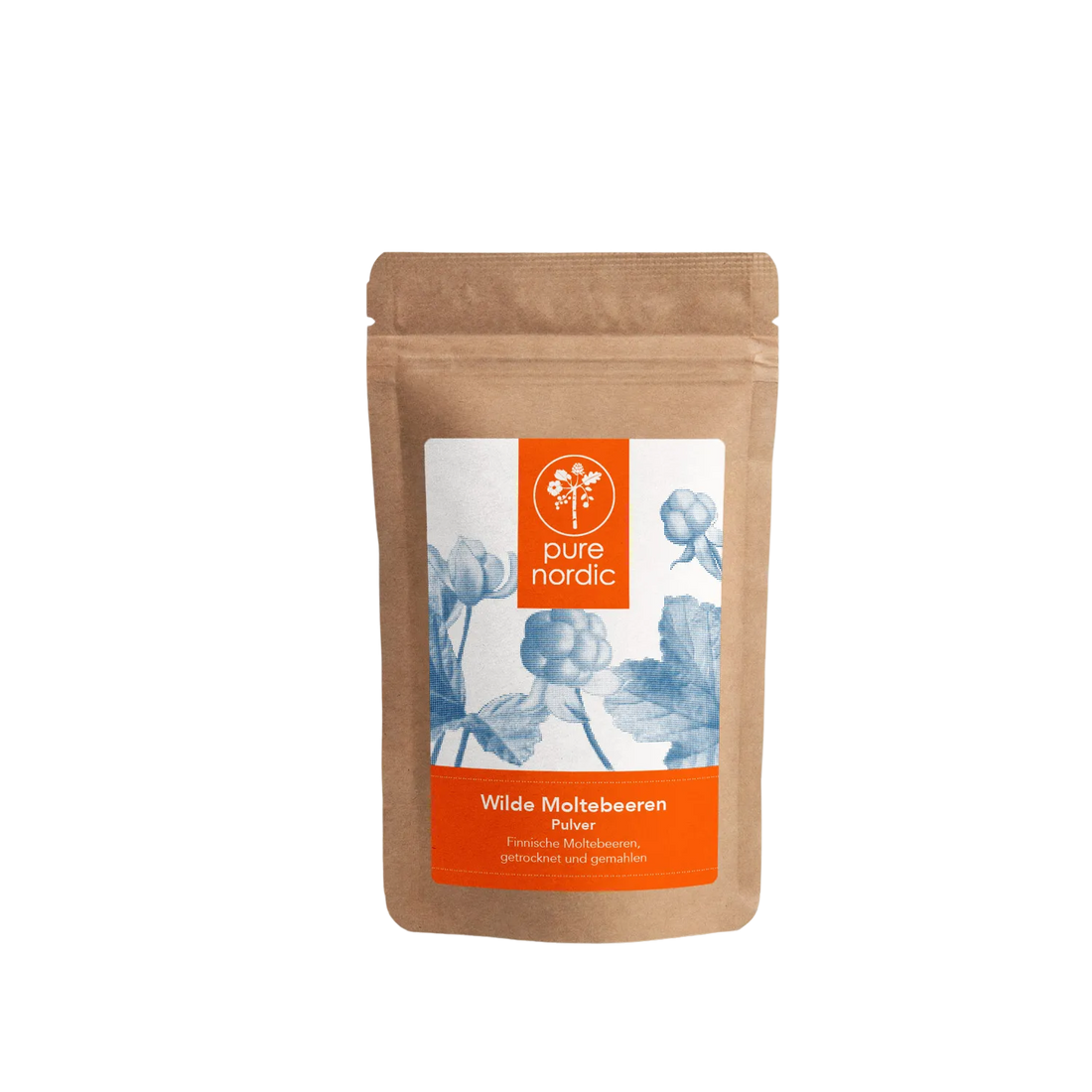 Eine Tüte mit Pure Nordic getrocknetem Moltebeerpulver.