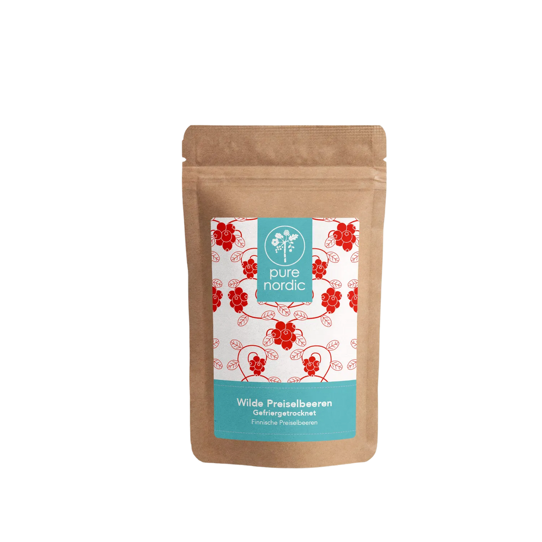Eine Tüte mit Pure Nordic gefriergetrockneten Preiselbeeren.