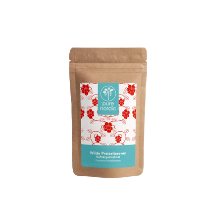 Eine Tüte mit Pure Nordic gefriergetrockneten Preiselbeeren.