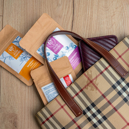 Nordische Beerenpulver aus Finnland in Tasche für unterwegs (Blaubeere, Preiselbeere, Sanddorn, Cranberry)
