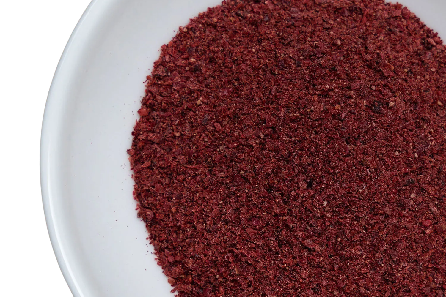 Eine weisse Schüssel, gefüllt mit getrocknetem Cranberrypulver.