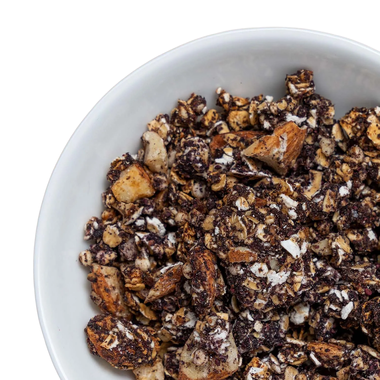 Eine weiße Schüssel, gefüllt mit knusprigem Blaubeeren-Granola.