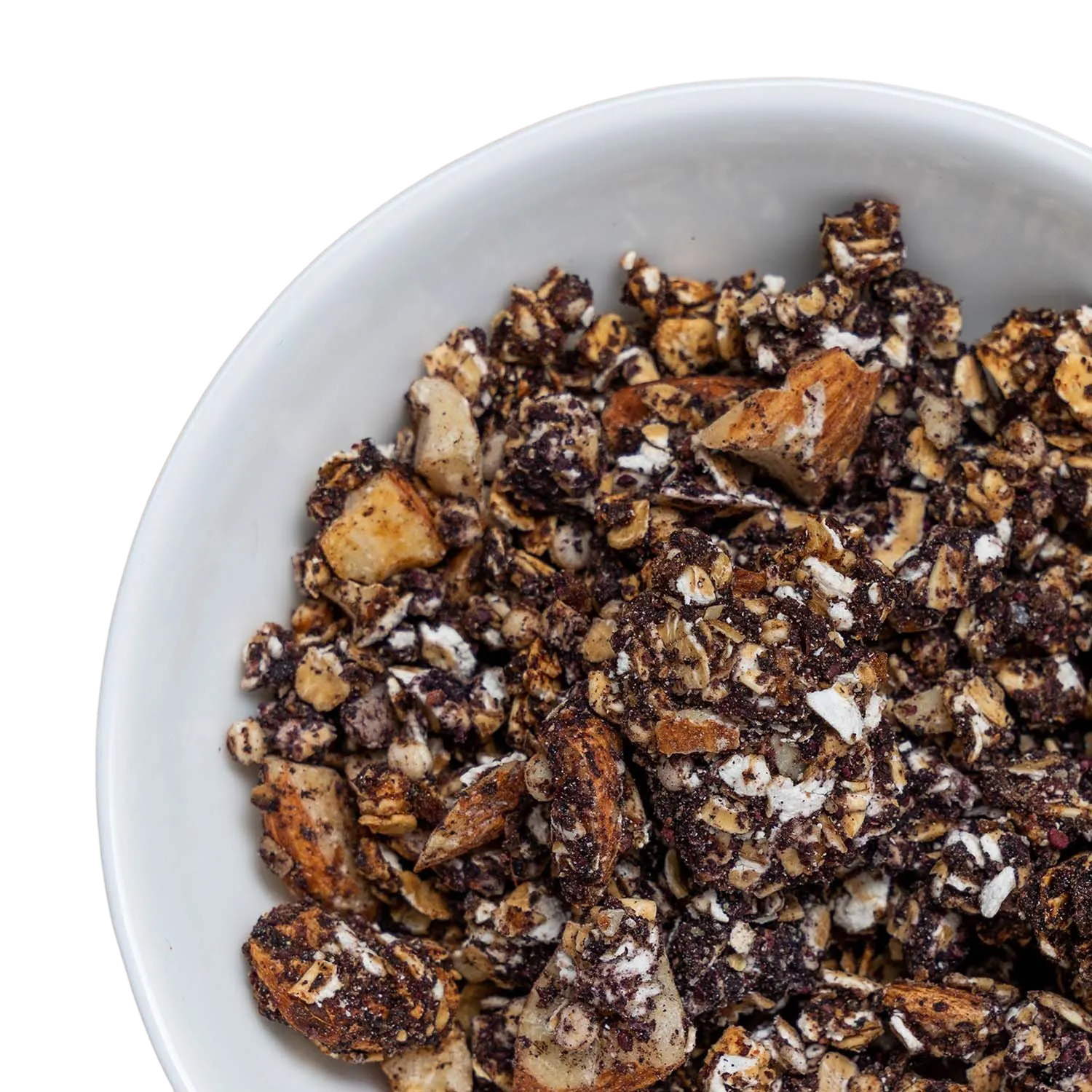 Eine weiße Schüssel, gefüllt mit knusprigem Blaubeeren-Granola.