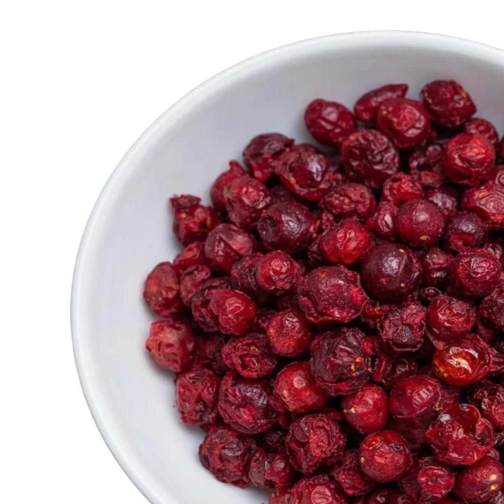 Weisse Schale, gefüllt mit gefriergetrockneten Cranberries.