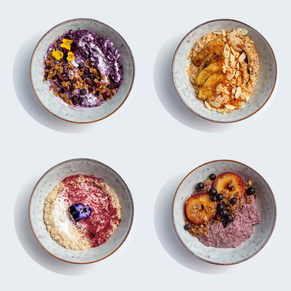 Vier Porridge-Schalen mit wilden Beeren, Pflaumen und Beerenpulver