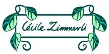 Logo mit Schriftzug, Cécile Zimmerli, umrahmt von dekorativen grünen Blättern.